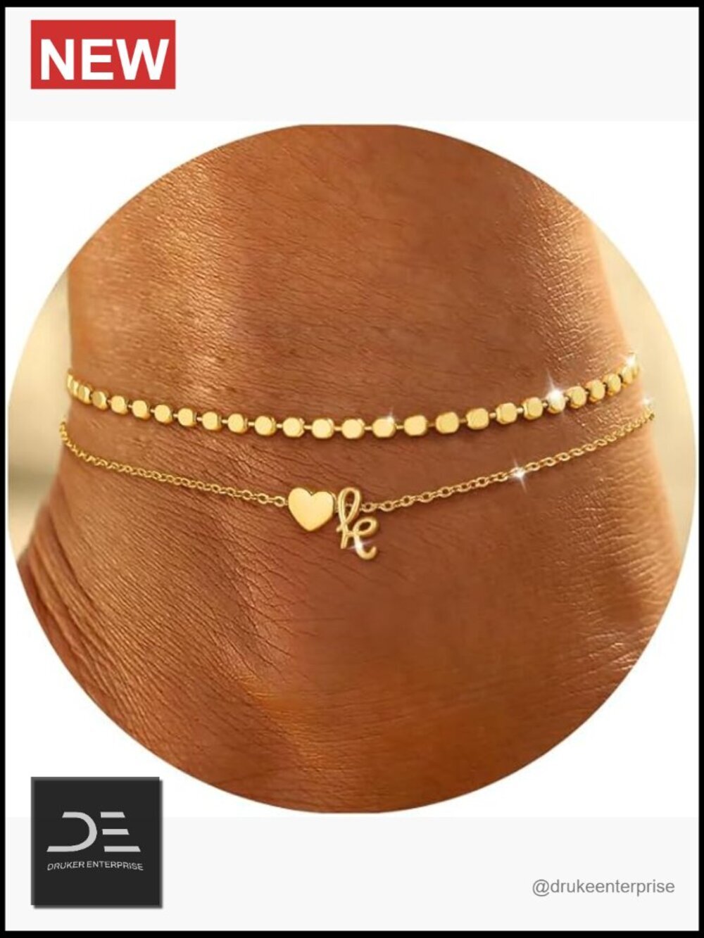 Layered Initial Anklet Set 14K Gold Plated Waterproof Adjustable